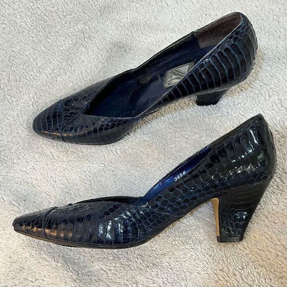 Vtg J Renee Womens Navy Blue Pump Heels 6M Snakeskin Stiletto Pointed Toe 90s - Picture 11 of 14